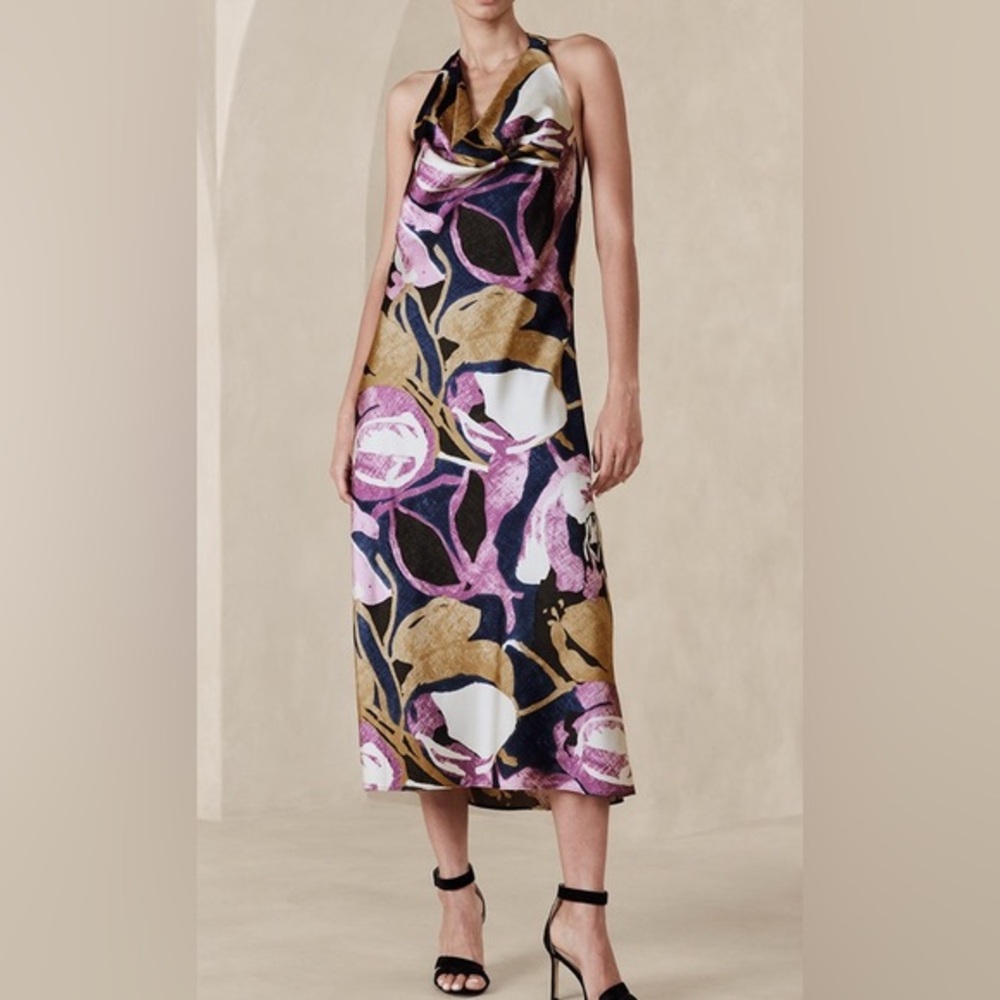 Banana Republic Navy Multi Floral Halter Dress/Midaxi/Silky Fabric/Size Petite L